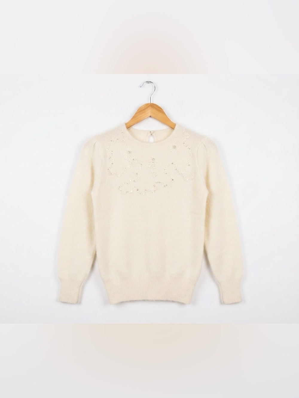 Vintage White Angora Pearl Bow Rhinestone Embroidered Sweater Medium